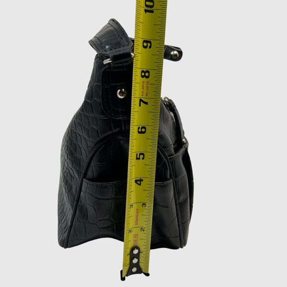 LC Black Faux Croc Embossed Shoulder Bag With Silver Accents & Multiple Pockets - Picture 7 of 12